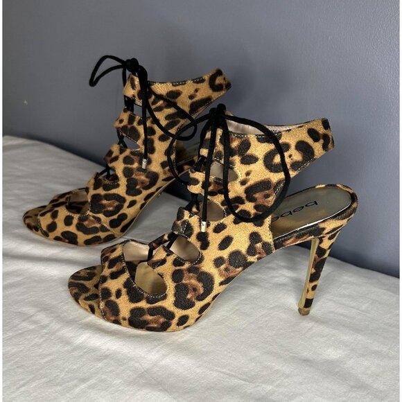 Bebe Shoes Womens Size 10 Leopard Print High Heel Sandals Lace Up Open Toe - Picture 10 of 14